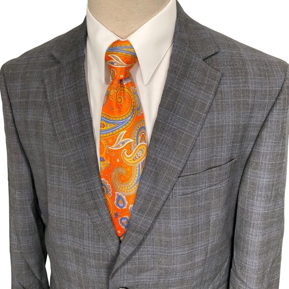 Jos. A. Bank Blazer Mens 43R Gray Blue Plaid Tailored Wool Stretch